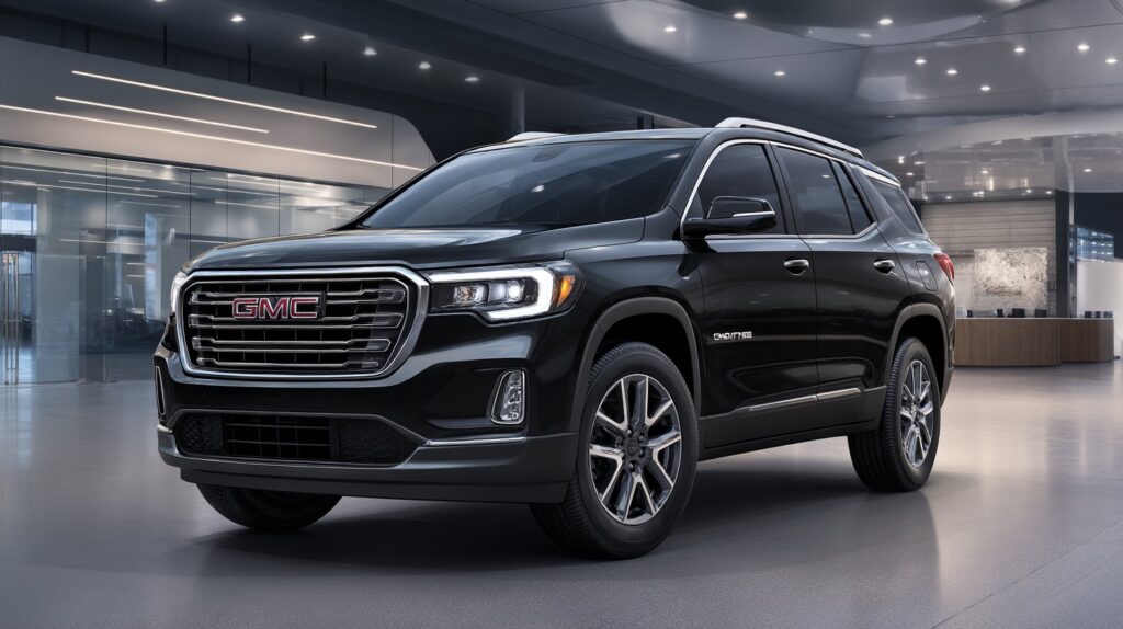 A sleek, modern certified pre-owned SUV (e.g., a dark-colored GMC Acadia or Chevrolet Equinox) prominently displayed under soft, professional lighting, with a subtle "Certified Pre-Owned" badge visible. The background is a clean, contemporary dealership interior, softly lit to complement the dark mode aesthetic, subtly hinting at a professional showroom. The image conveys trustworthiness, quality, and a sense of security. --ar 16:9 --raw --v 7 Job ID: 3757a5ef-b8f5-421c-a30c-d12132edd751